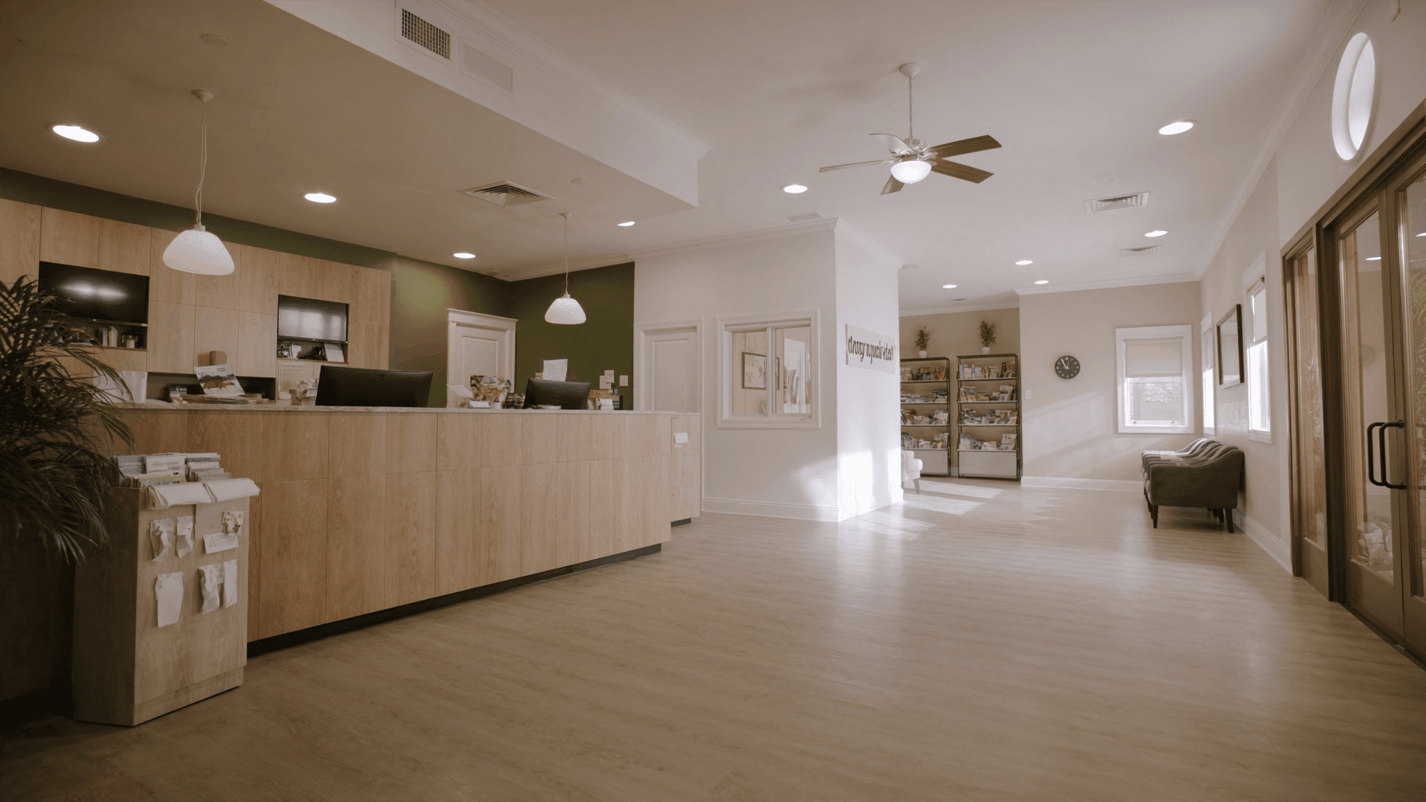 Sunlit reception of Saltmeadow Dental Studio with a warm wood front desk and soft, linen-covered seating