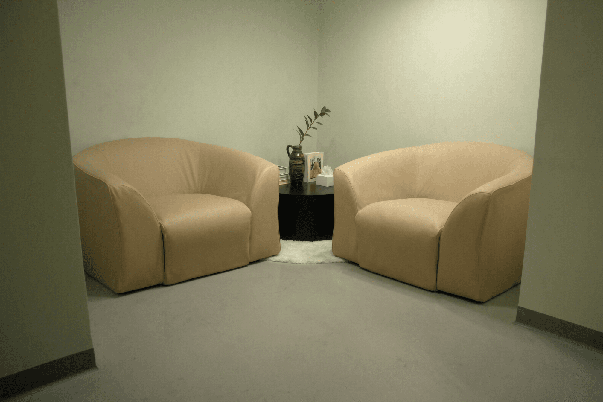 Quiet waiting corner with soft armchairs, a side table, and warm morning light